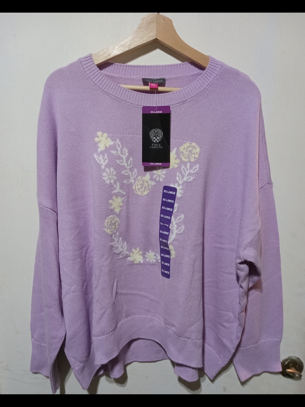 Vince Camuto Lilac Crewneck Sweater with Cream Floral Bunny